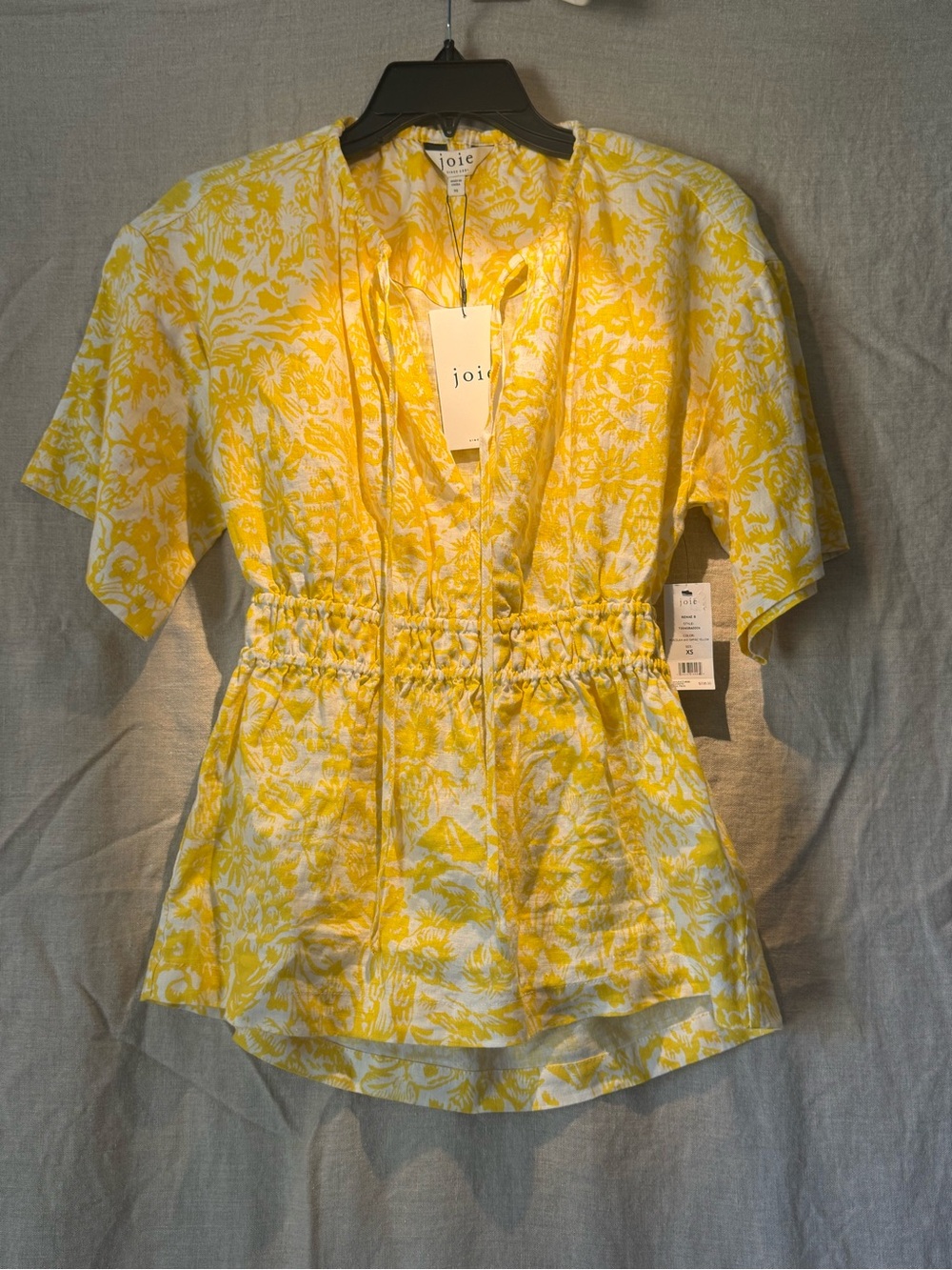 NWT Joie Linen Yellow Floral Print Smocked Waist Top with back cutout - XS